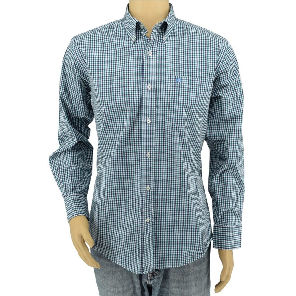 Southern Tide Men's Size M Gingham Check Shirt Blue Green Stretch Cotton - 11453